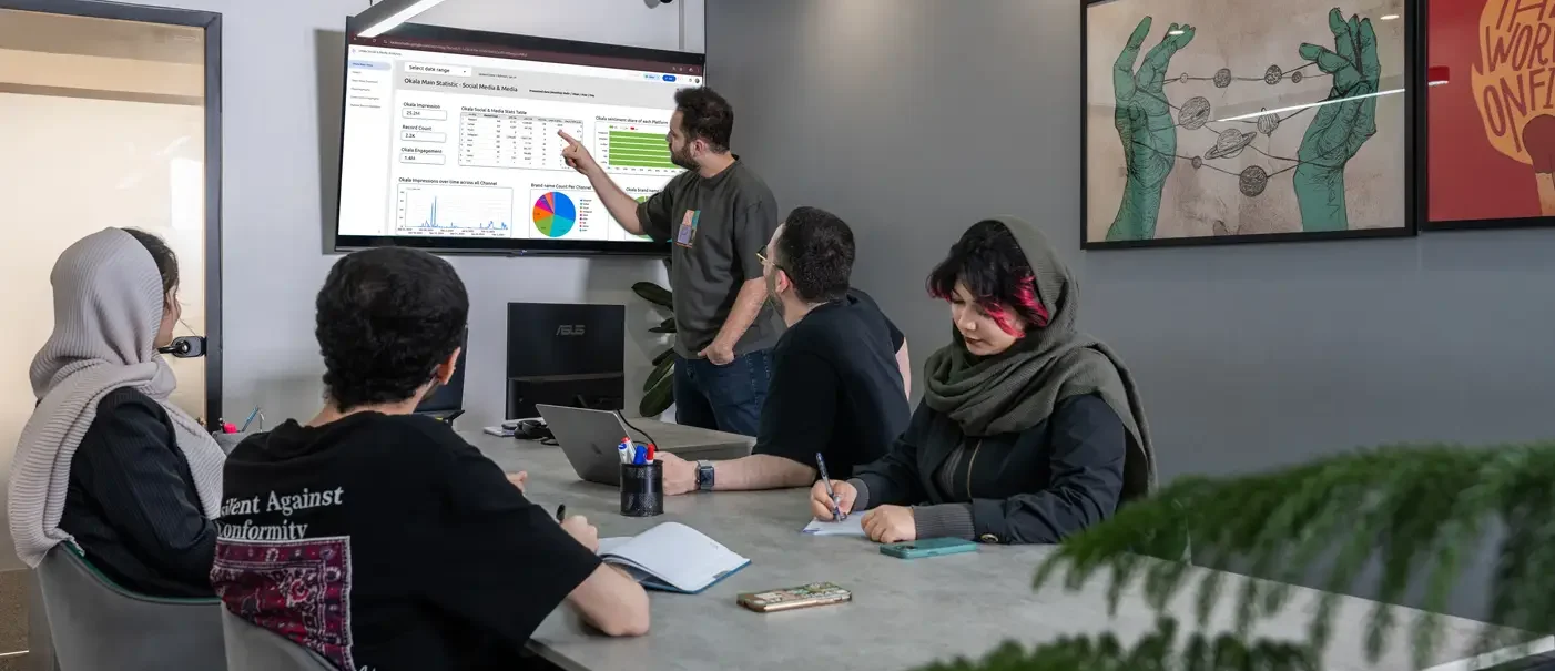 جلسه تیمی اکالا برای تحلیل داده‌ها و گزارش‌های بازاریابی – همکاری تیمی، تصمیم‌گیری داده‌محور، بهبود عملکرد | Okala team meeting for data analysis and marketing reports – teamwork, data-driven decision-making, performance improvement